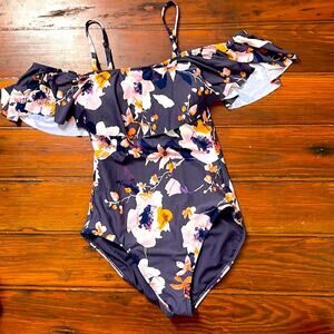 Sea Angel floral ruffle cold shoulder one piece bathing suit sz XS